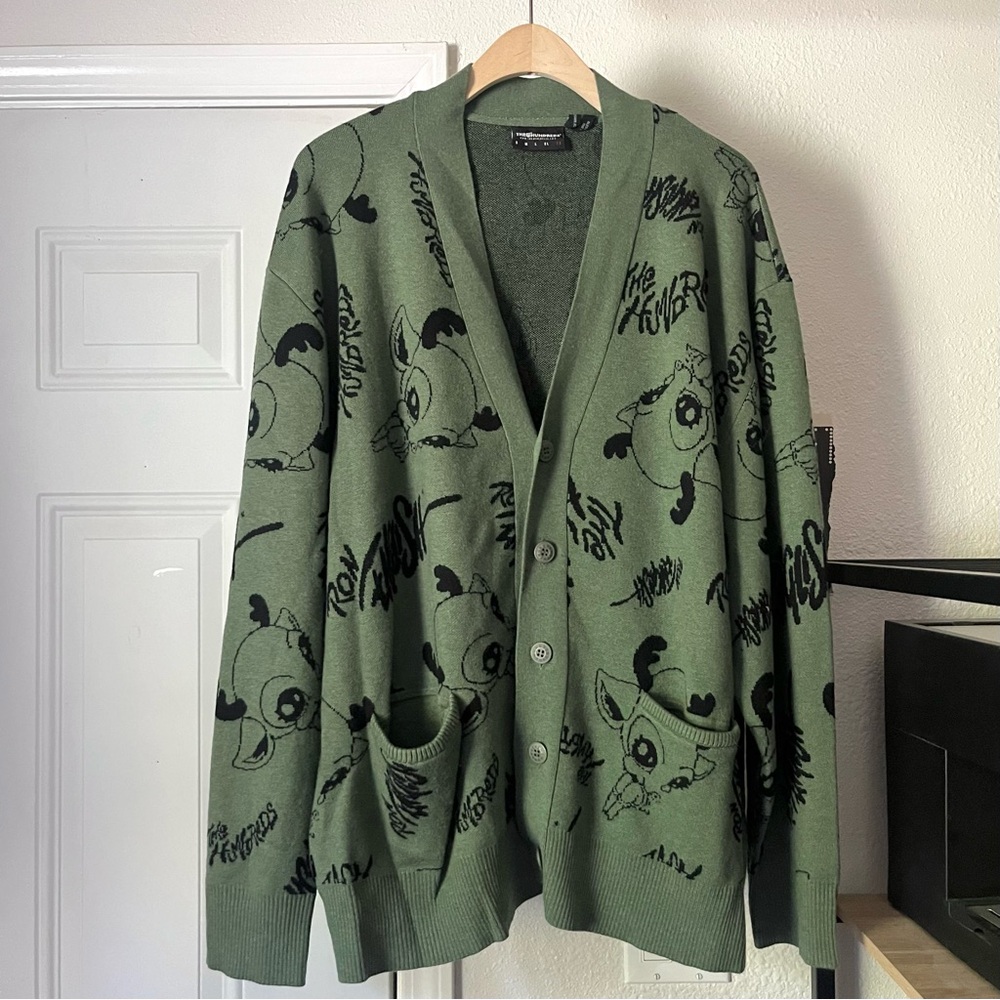 THE HUNDREDS green logo deer print button‎ up chunky knit cardigan sweater